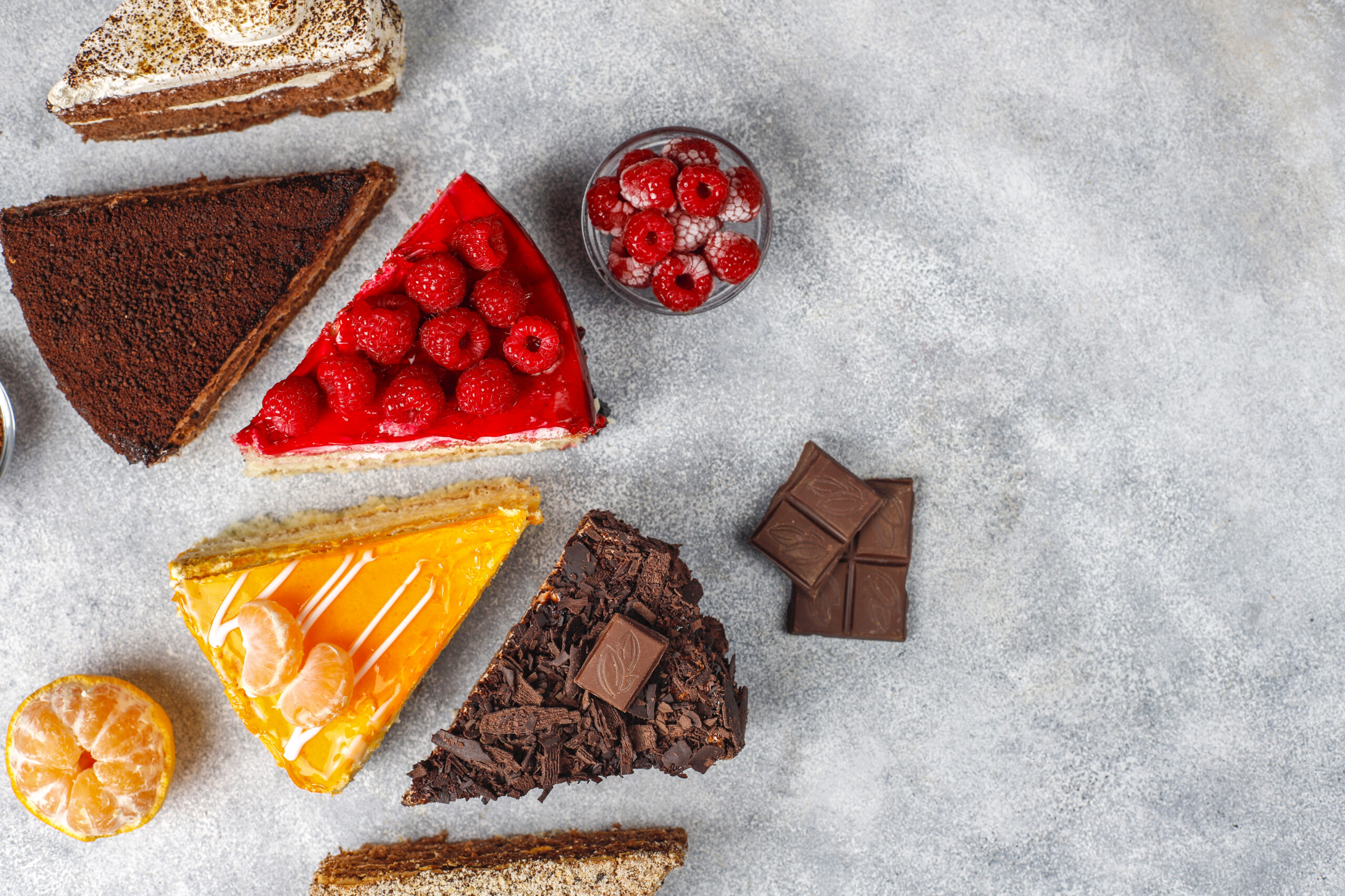 Assortment of pieces of cake.